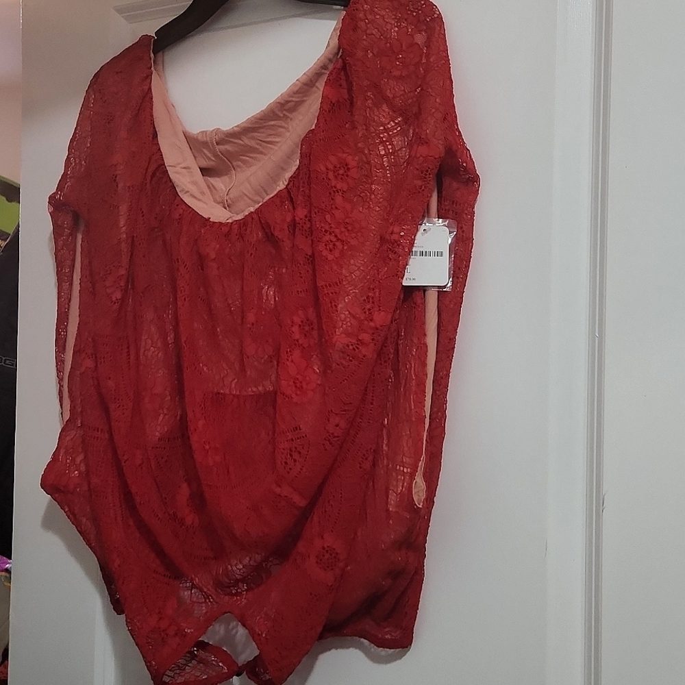 Free People Red Lace Top Size Large NWT